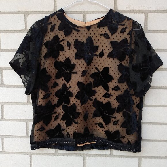 Vintage Burn Out Velvet Black Top Blouse Femme de Carriere Size Small 36 Made in - Picture 1 of 11